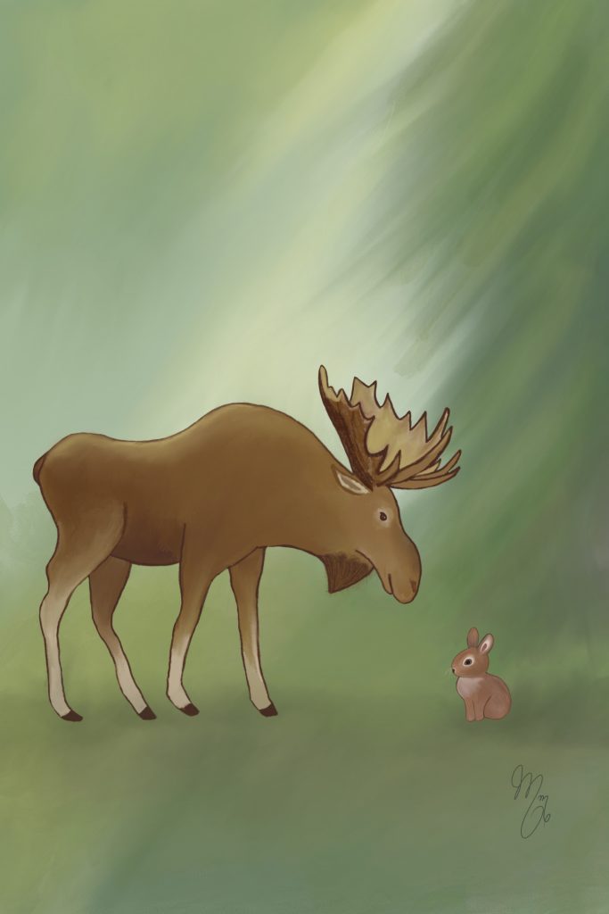 Illustration, skogsmöte - älg och kanin